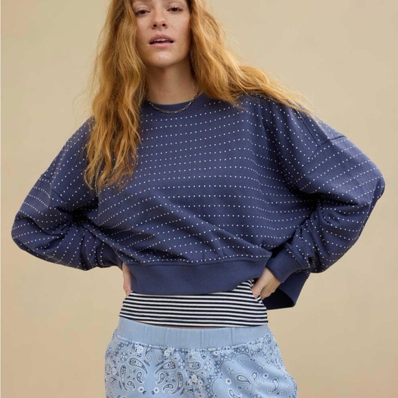 aerie Tops - Aerie Take It Easy Crew Cropped Sweatshirt Sweater Embroidered Dots Blue Medium.